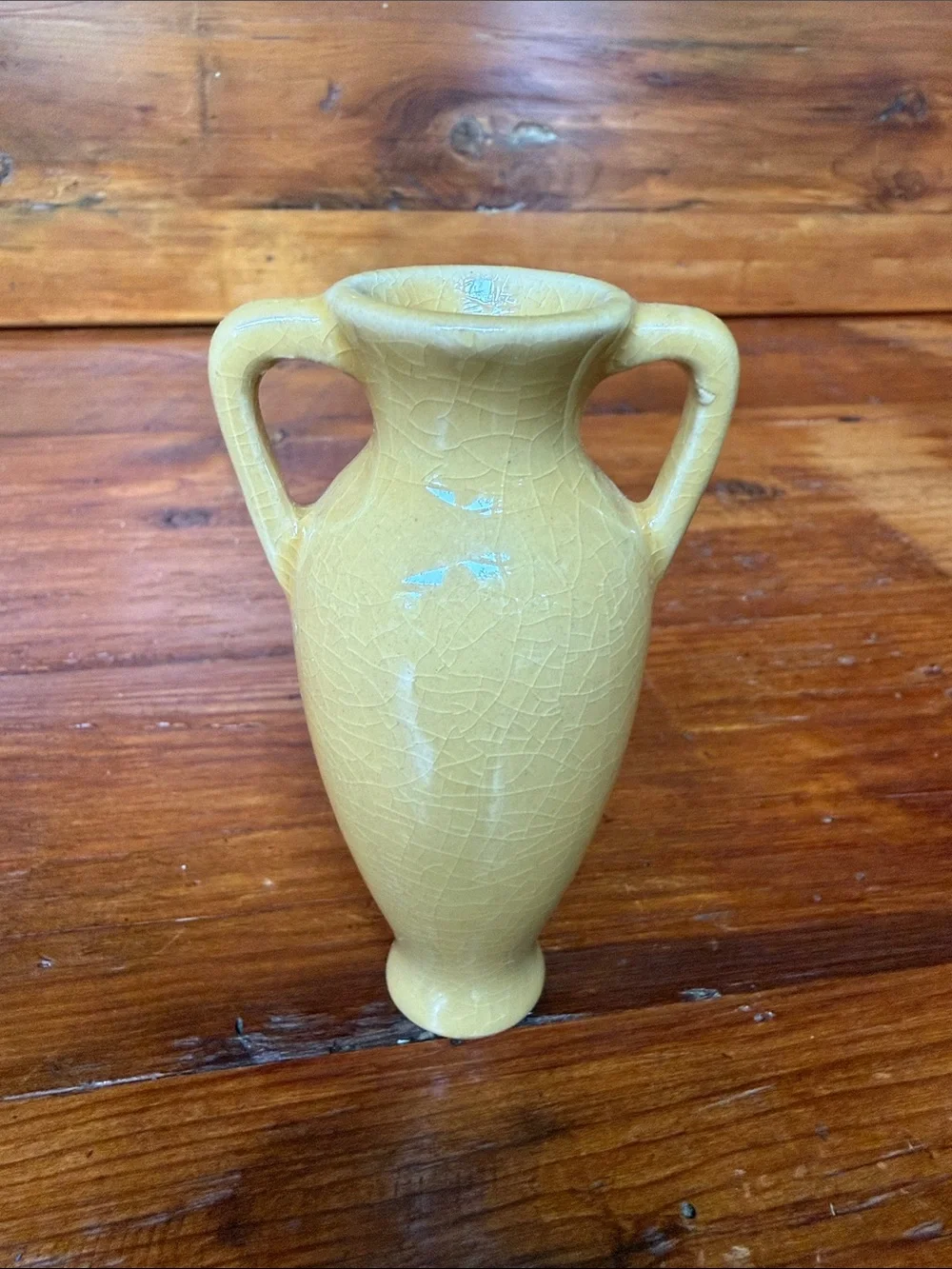 Yellow Crackled Ceramic Double-Handled Bud Vase